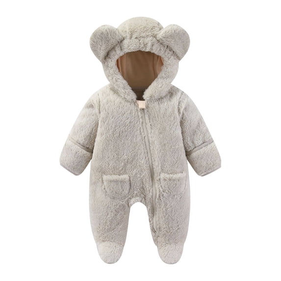 Jalioing Baby Snowsuit Winter Thermal Fuzzy Fleece Footed Rompers Ear Hooded Zipper Long Sleeve Jumpsuit for Infant