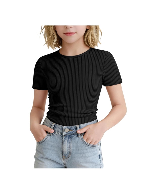 Big Girls Basic Tops Summer Casual Ribbed Knit Short Sleeve Round Neck Kids Teens Solid Color Stretchy Undershirts