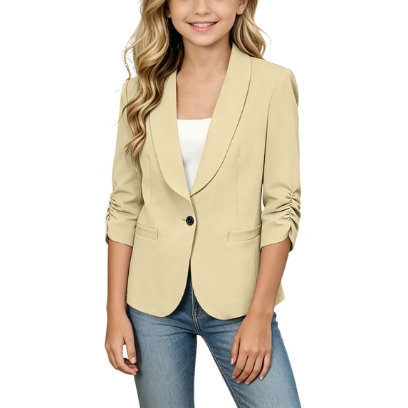 Jalioing Big Girls Blazer Jacket Teen Kids 3/4 Sleeve Shawl Collar Business Suit Open Front Lightweight Formal Jacket