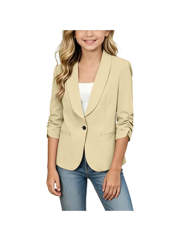 Big Girls Blazer Jacket Teen Kids 3/4 Sleeve Shawl Collar Business Suit Open Front Lightweight Formal Jacket