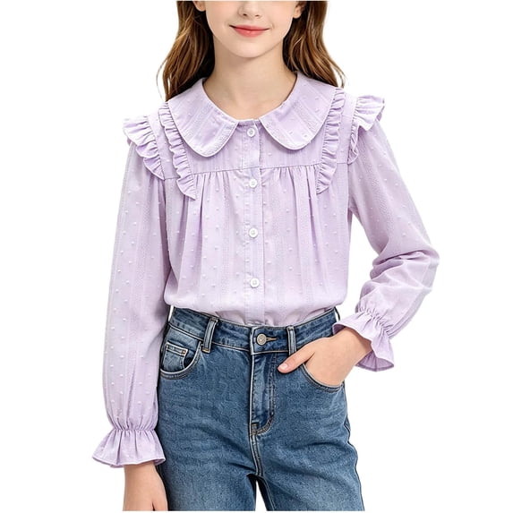 Jalioing Big Girls Button Down Shirt Ruffle Long Sleeve Collared Blouses Teen Girls Dressy Casual School Uniform Tops