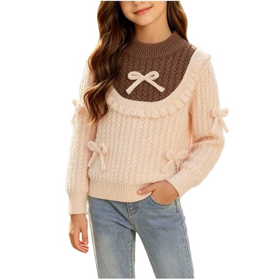 Jalioing Big Girls Sweaters Crew Neck Long Sleeve Cable Knit Sweater Tops Casual Thermal Patchwork Bowknot Pullover