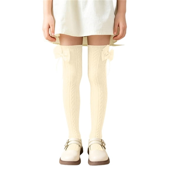 Jalioing Big Girls Thigh High Stockings Cute Cable Knit Bowknot Long Tube Socks Kids Girls Dress Socks 3-12 Years