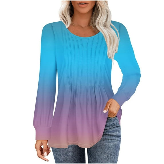 Jalioing Blouse for Women Gradient Color Tunic Top Dressy Casual Long Sleeve Pleated Classic Tops