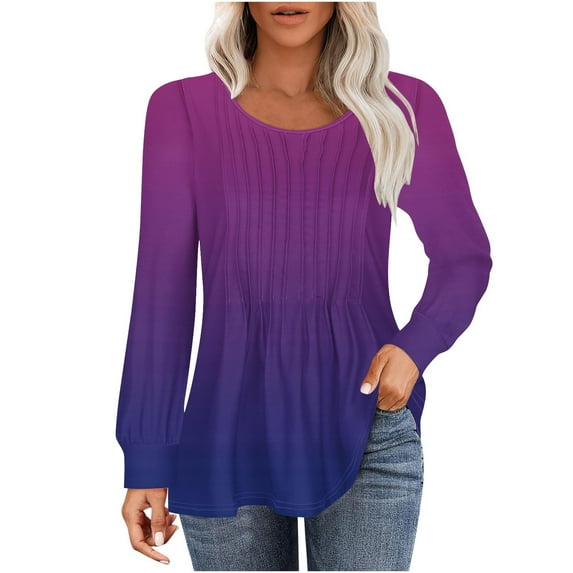 Jalioing Blouse for Women Gradient Color Tunic Top Dressy Casual Long Sleeve Pleated Classic Tops
