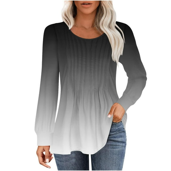 Jalioing Blouse for Women Gradient Color Tunic Top Dressy Casual Long Sleeve Pleated Classic Tops
