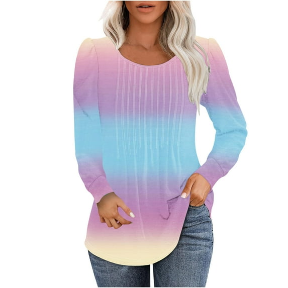Jalioing Blouse for Women Gradient Color Tunic Top Dressy Casual Long Sleeve Pleated Classic Tops