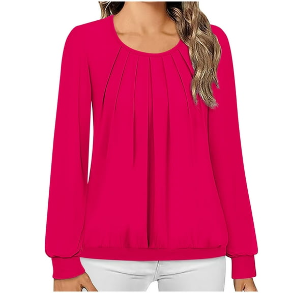 Jalioing Blouses for Women Pleated Front Crewneck Loose Shirts Fashion Long Sleeve Casual Plain Tunic Tops