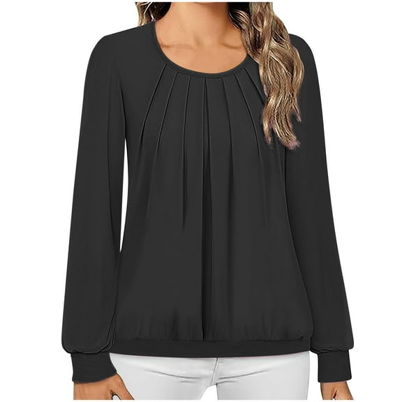 Jalioing Blouses for Women Pleated Front Crewneck Loose Shirts Fashion Long Sleeve Casual Plain Tunic Tops