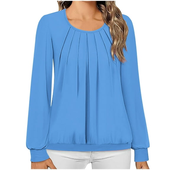 Jalioing Blouses for Women Pleated Front Crewneck Loose Shirts Fashion Long Sleeve Casual Plain Tunic Tops