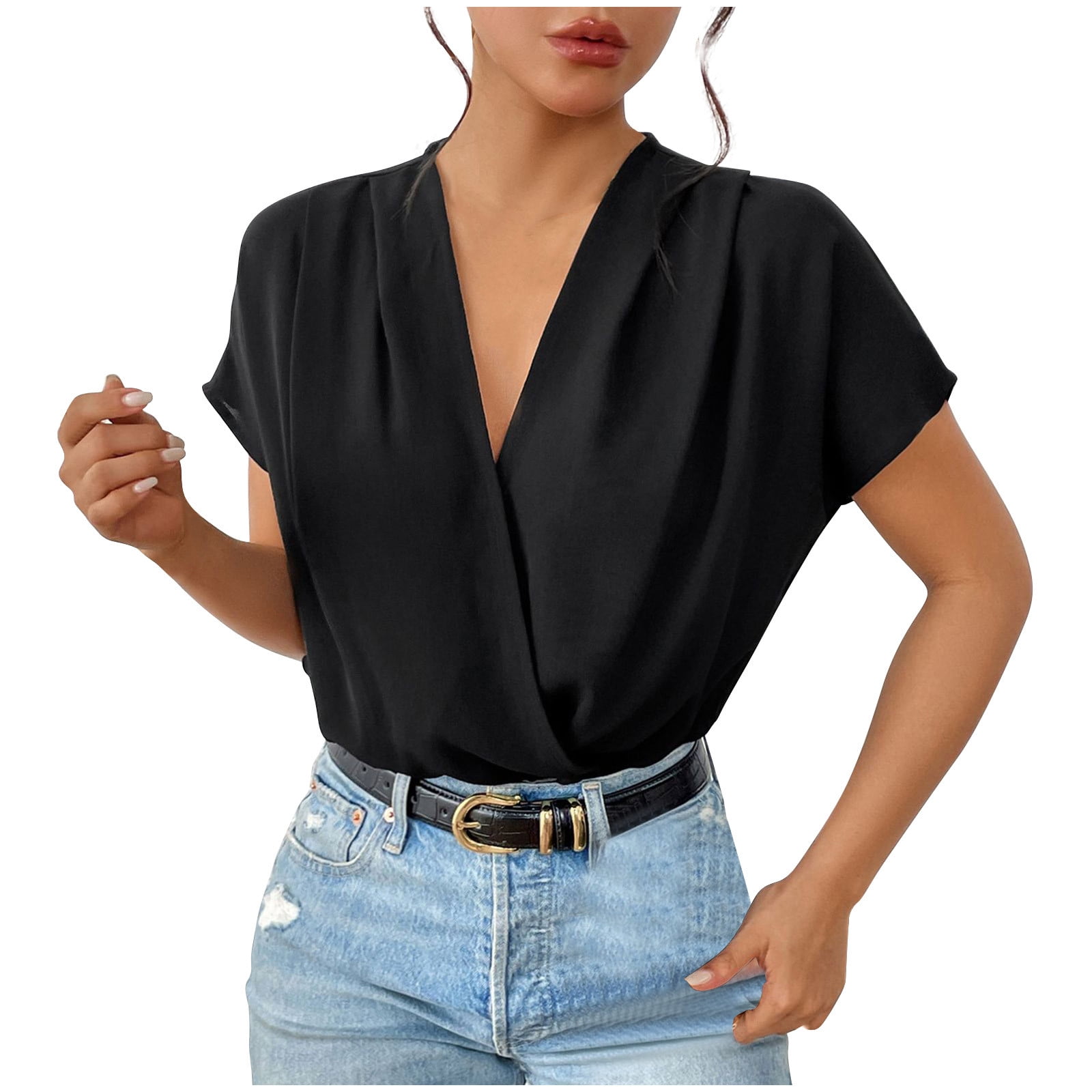 Women's Cross V-neck with dark buckle mid-sleeve solid color jumpsuit Women's Cross V-neck with dark buckle mid-sleeve solid color jumpsuit