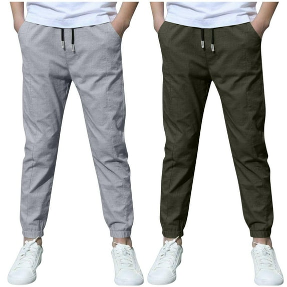 Jalioing Boys Summer Running Pants 2 Pack Drawstring Waist Cotton Linen Joggers Lightweight Casual Sport Trousers