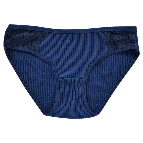 Jalioing Briefs for Women Lace Patchwork Panties Solid Color Mid Waist Stretch Ribbed Breathable Panty (Medium, Navy)
