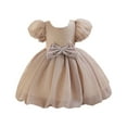 thumbnail image 1 of Jalioing Bubble Sleeve Princess Dress for Kids Girl Bow Ruched Puffy Dresses Birthday Party Baby Girls Skirts (6-7 Years, Khaki), 1 of 5