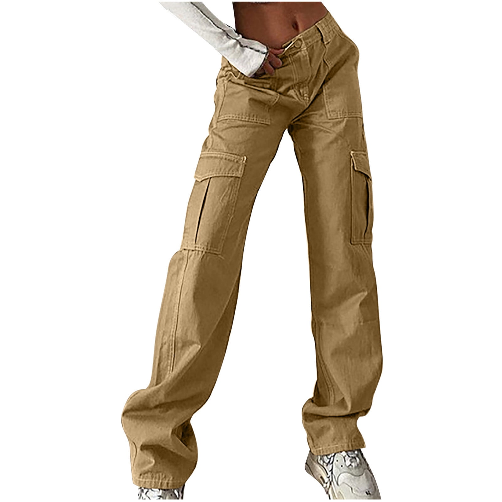 Jalioing Cargo Jeans for Women Mid Waist Solid Color Wide Leg ...