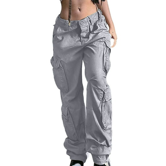Jalioing Cargo Pants Mid Waist for Women Wide Straight Leg Button Waist Zipper Front with Pocket Trousers (X-Large, Gray)