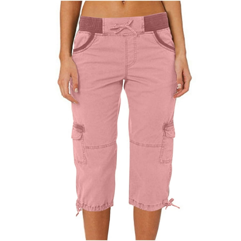 Jalioing Cargo Pants for Women Cropped Trousers Patchwork Stretchy Rise  Cinch Bottom Flap Pocket Capri Pants (Medium, Pink) 