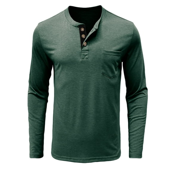 Jalioing Casual Long Sleeve Tops for Men Classic Crew Neck Button Shirts Solid Color Vintage Work Tops