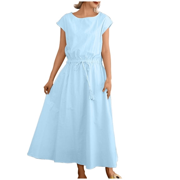 Jalioing Casual Midi Dress for Women Short Sleeve Sundress Drawstring Cotton Linen Dresses