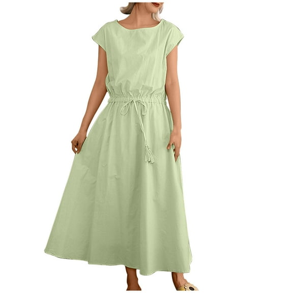 Jalioing Casual Midi Dress for Women Short Sleeve Sundress Drawstring Cotton Linen Dresses