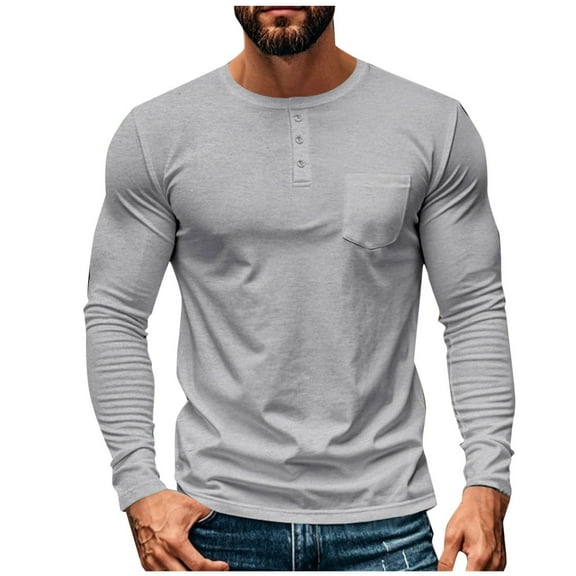 Jalioing Casual Shirt for Men Classic Solid Long Sleeve Crew Neck Button T Shirt Fashion Basic Tops with Pocket