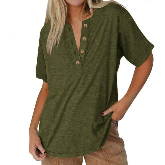Jalioing Casual Shirts for Women Loose Short Sleeve V Neck Button T Shirt Solid Color Summer Fashion Tops
