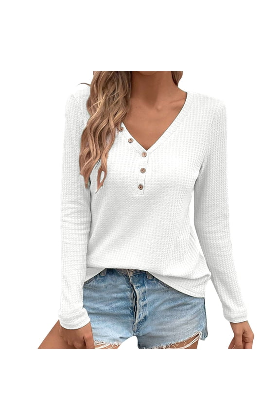 Casual Tops for Women Fall Winter Long Sleeve Button V Neck Loose Tunic Shirts Ribbed Fashion Blouses