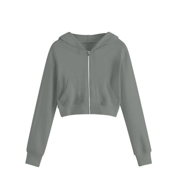 Jalioing Casual Zipper Hoodies for Girls Solid Long Sleeve Hooded Crop Jacket with Pocket Solid Athletic Sweatshirt