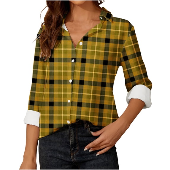 Jalioing Checkered Shirts for Women Long Sleeve Single-Breasted Button Turn down Collar Lounge Loose Tops (Large, Yellow)
