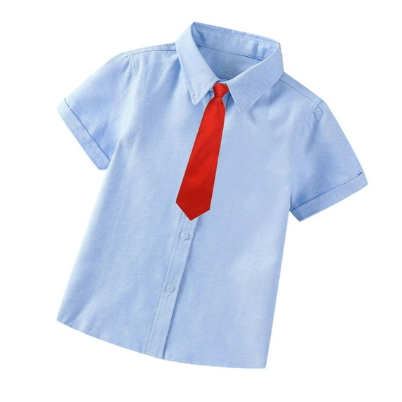 Jalioing Child Boys Shirt Lapel with Necktie Bow Kids Boy T-Shirt Button down Short Sleeve Dressy Tops (4-5 Years, Blue)