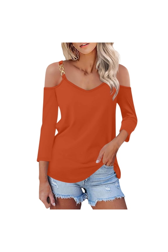 Cold Shoulder Shirt for Women Fall Winter Basic Top Chain Strap 3/4 Sleeve Blouse