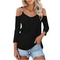 thumbnail image 1 of Jalioing Cold Shoulder Shirt for Women Fall Winter Basic Top Chain Strap 3/4 Sleeve Blouse, 1 of 7