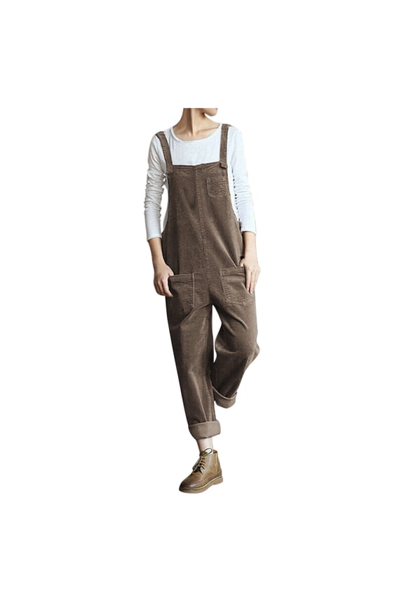 Corduroy Overalls for Women Sleeveless Strappy Rompers Straight Leg Casual Jumpsuits with Pockets (5X-Large, Khaki)