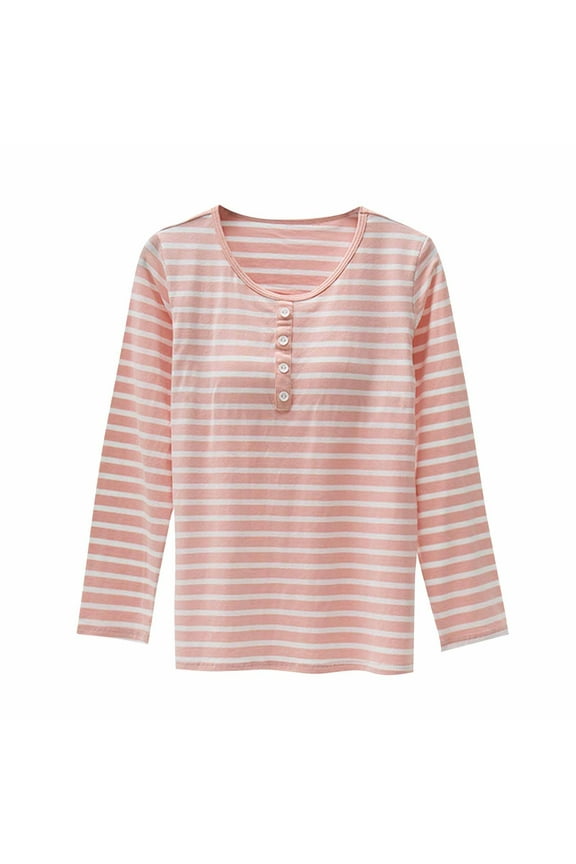 Cotton Basic T Shirt Fall Casual Button Crew Neck Long Sleeve Tee Shirt Striped Padded Undershirts