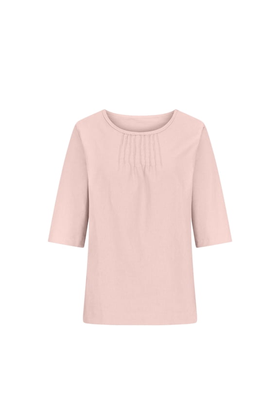 Cotton Linen 3/4 Sleeves Blouse for Women Lace Crew Neck Cut out Oversized Spring Summer Ladies Top (Large, Pink)