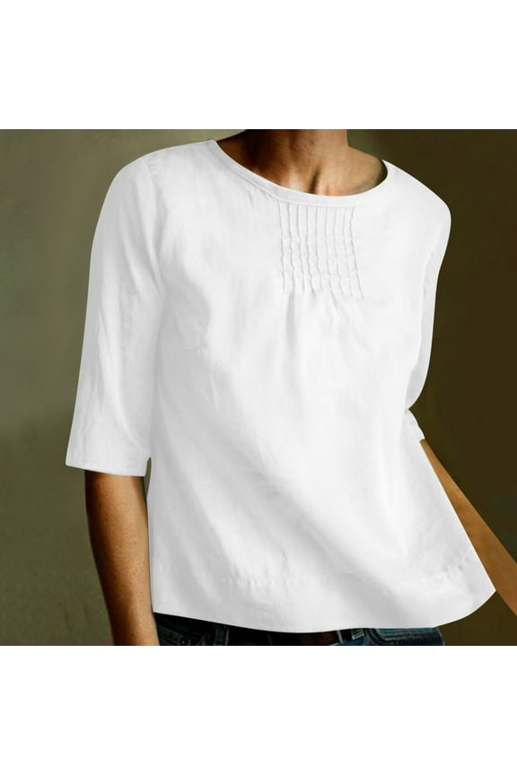 Cotton Linen 3/4 Sleeves Blouse for Women Lace Crew Neck Cut out Oversized Spring Summer Ladies Top (Large, White)