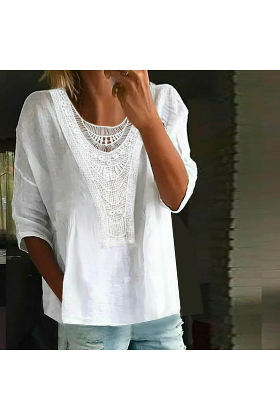 Cotton Linen 3/4 Sleeves Blouse for Women Lace Crew Neck Cut out Oversized Spring Summer Ladies Top (Large, White)