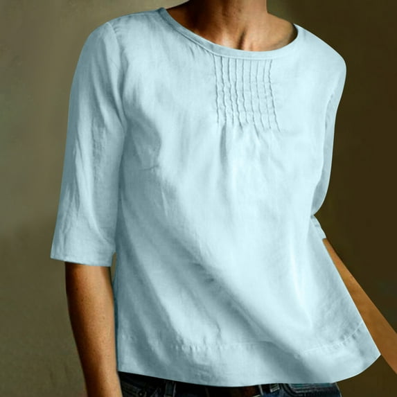 Jalioing Cotton Linen 3/4 Sleeves Blouse for Women Lace Crew Neck Cut out Oversized Spring Summer Ladies Top (Medium, Blue)