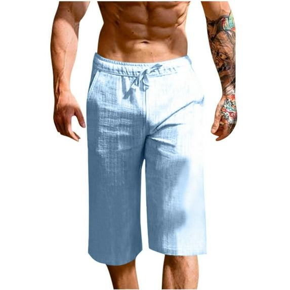 Jalioing Cotton Linen Capris for Men Breathable Casual Drawstring Waist Capri Pants with Pocket Summer Beach Pants