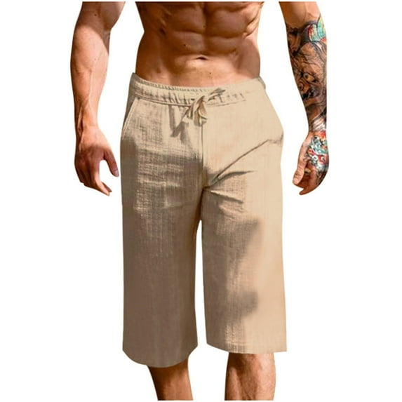 Jalioing Cotton Linen Capris for Men Breathable Casual Drawstring Waist Capri Pants with Pocket Summer Beach Pants