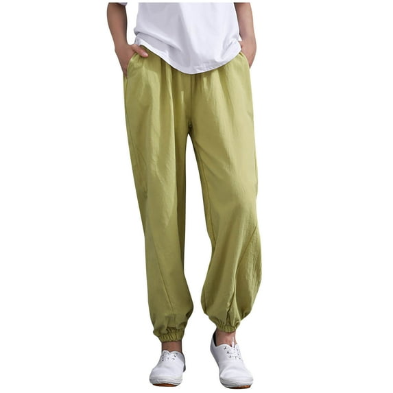 Jalioing Cotton Linen Lantern Pant for Women Elastic Waisted Solid Color Cinch Bottom Casual Trouser (X-Large, Yellow)