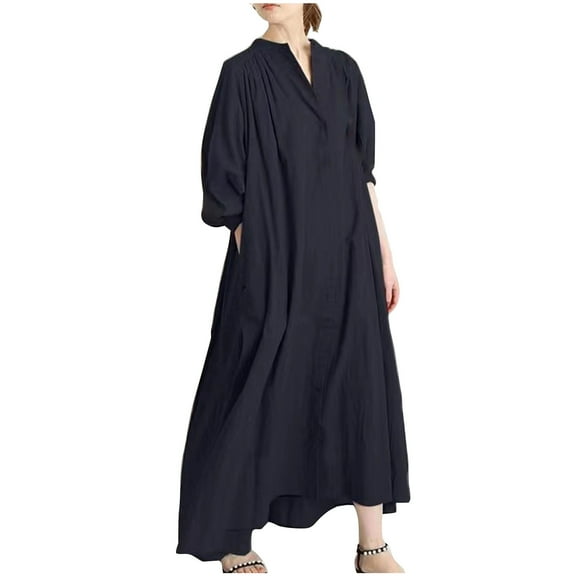 Jalioing Cotton Linen Maxi Dress for Women Short Sleeve Shirt Sundress Button down Lapel Casual Dresses