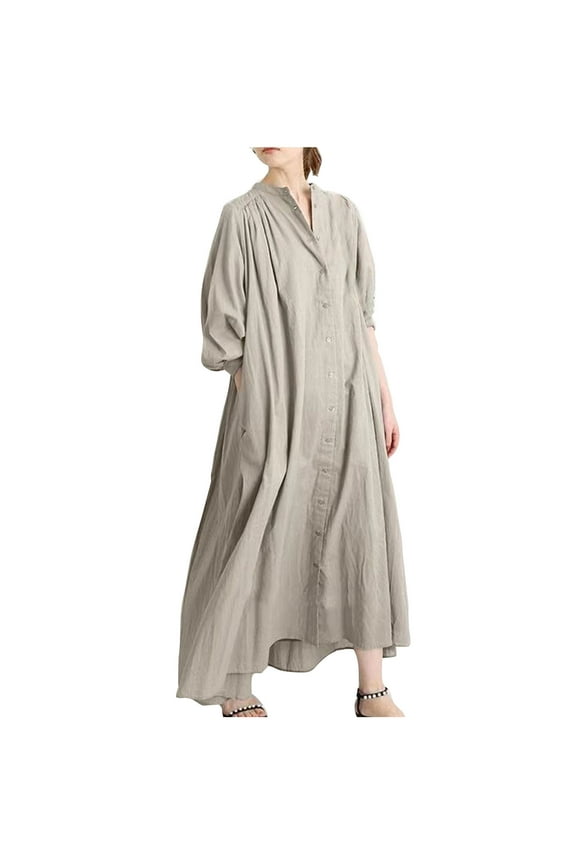 Cotton Linen Maxi Dress for Women Short Sleeve Shirt Sundress Button down Lapel Casual Dresses
