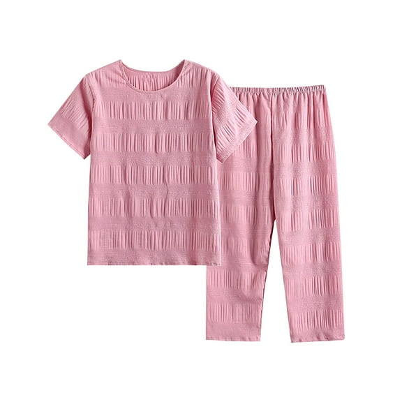 Jalioing Cotton Linen Pajamas Set for Women 2 Piece Plus Size Outfits Short Sleeve Casual Loungewear Sets (X-Large, Pink)