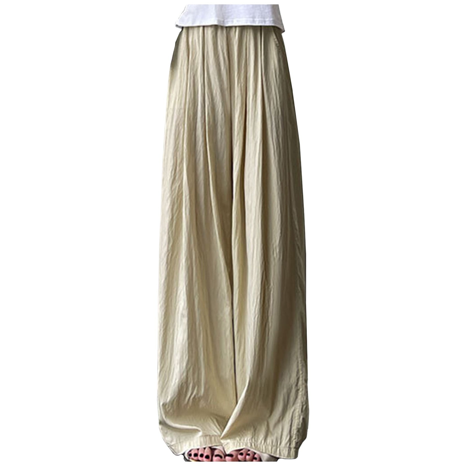 Women’s Wide Leg Linen Pants – High Waist, Elastic Smocked, With Pockets | Lightweight Cotton Linen Palazzo Trousers