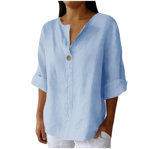 Jalioing Cotton Linen Shirt Women's 3/4 Length Sleeve Loose Blouses V Neck Button Summer Casual Beach Tops