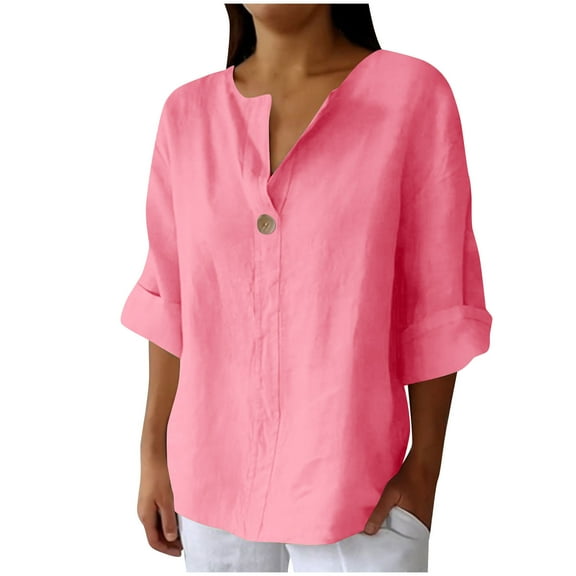 Jalioing Cotton Linen Shirt Women's 3/4 Length Sleeve Loose Blouses V Neck Button Summer Casual Beach Tops