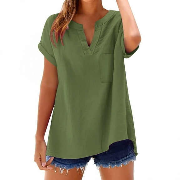 Jalioing Cotton Linen Shirts Women's V Neck Short Sleeve Loose Blouses Summer Casual Vacation T Shirt with Pocket