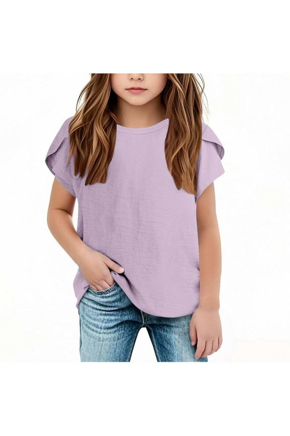 Cotton Linen Shirts for Kids Girls Short Petal Sleeve Crew Neck Cute T Shirt Summer Casual Plain Tops