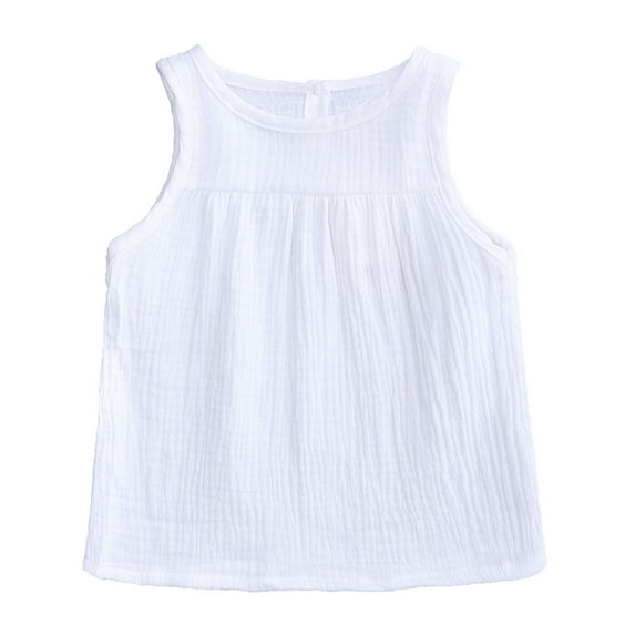 Jalioing Cotton Linen Tank Top for Baby Girl Summer Sleeveless Cami T-Shirt Solid Color Casual Girls Shirt (2-3 Years, White)